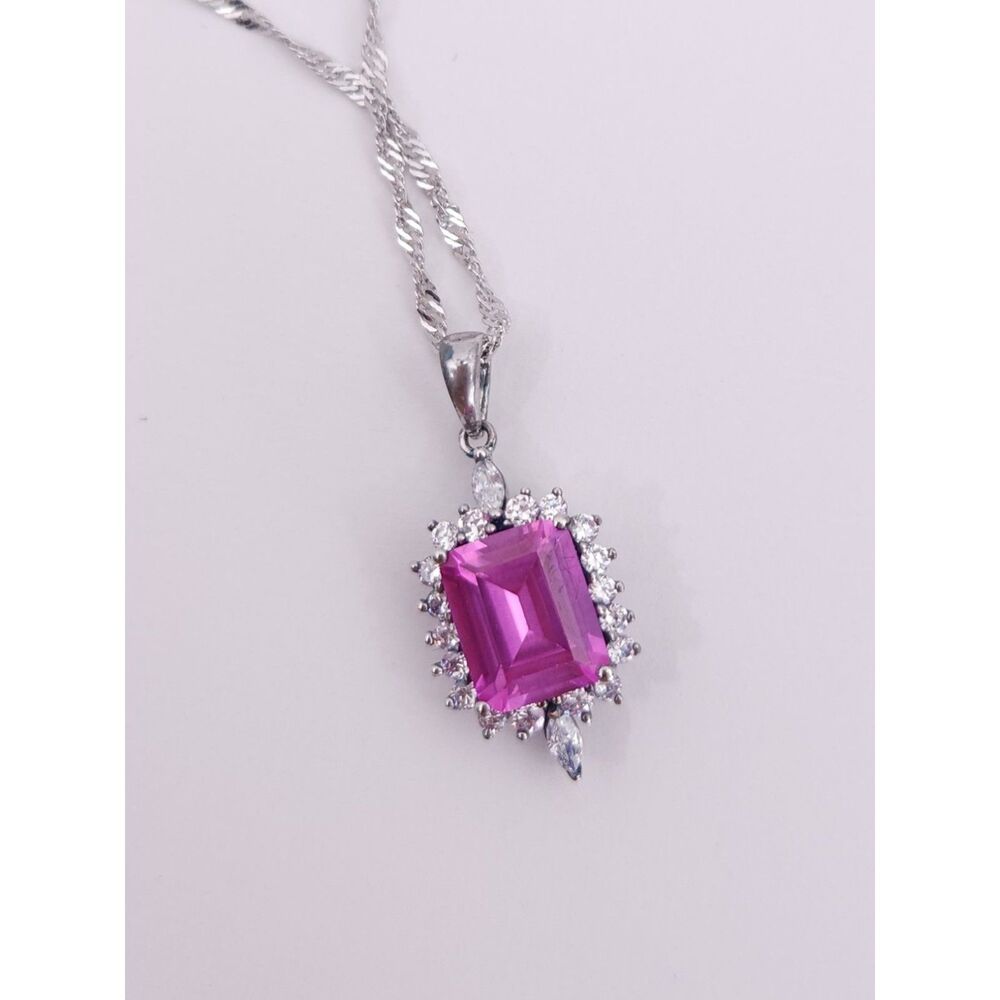 Pink Sapphire and Simulated Diamond Pendant Necklace 18 in